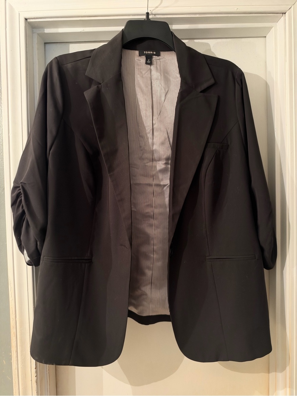 torrid Black Relaxed Blazer with Ruched Three-Quarter Sleeves